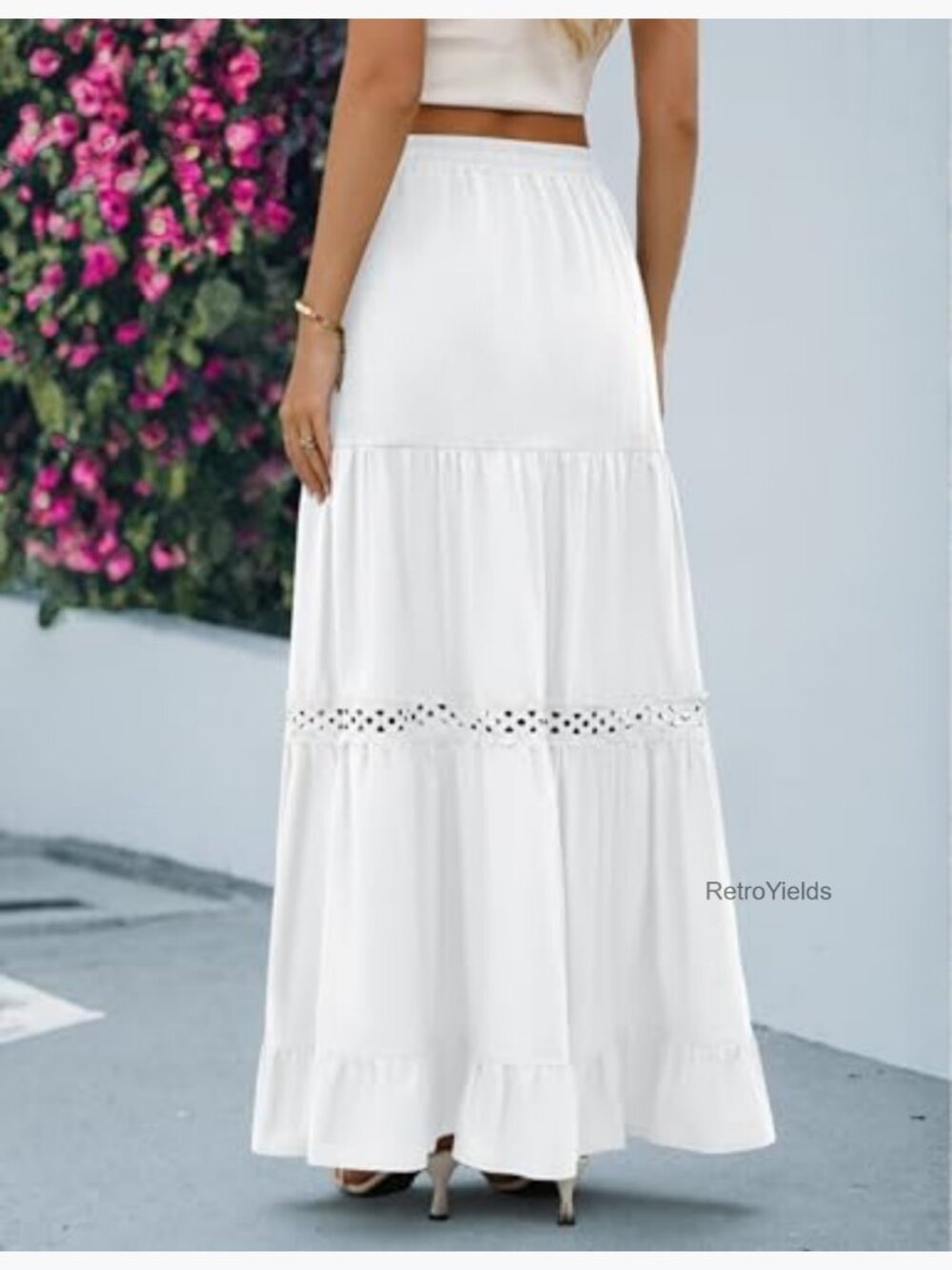 Long Maxi Cotton Skirts Boho Lace Crochet Tiered Flowy Ruffle A-Line Skirt - Picture 6 of 7